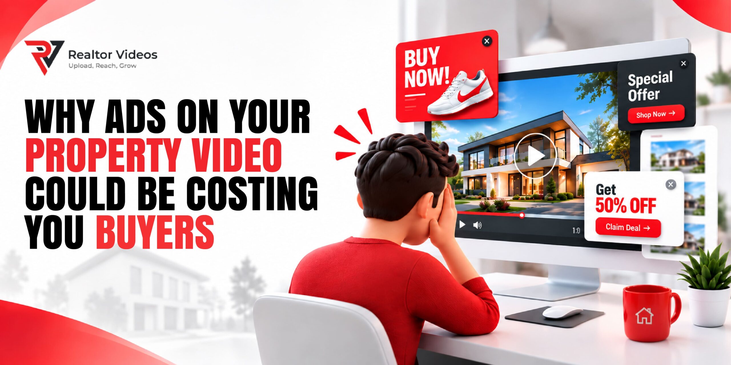 Real estate buyer watching an ad-free property video on a listing page
